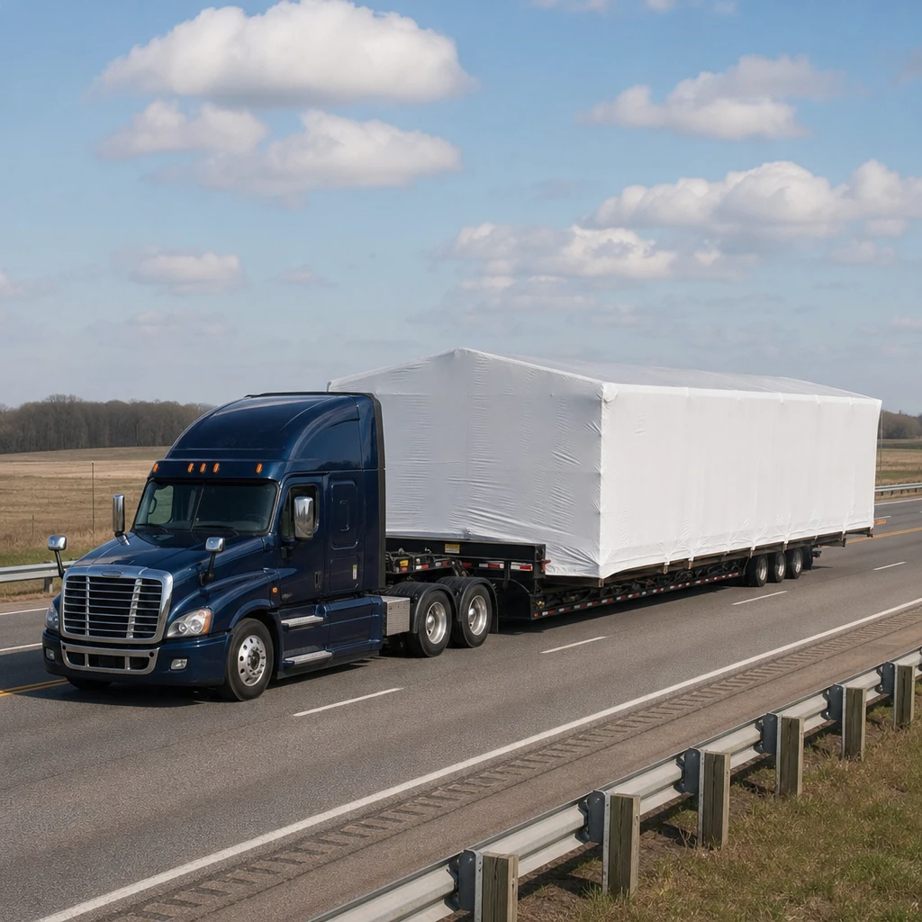 Truck hauling a white shrink-wrapped mobile home along a highway